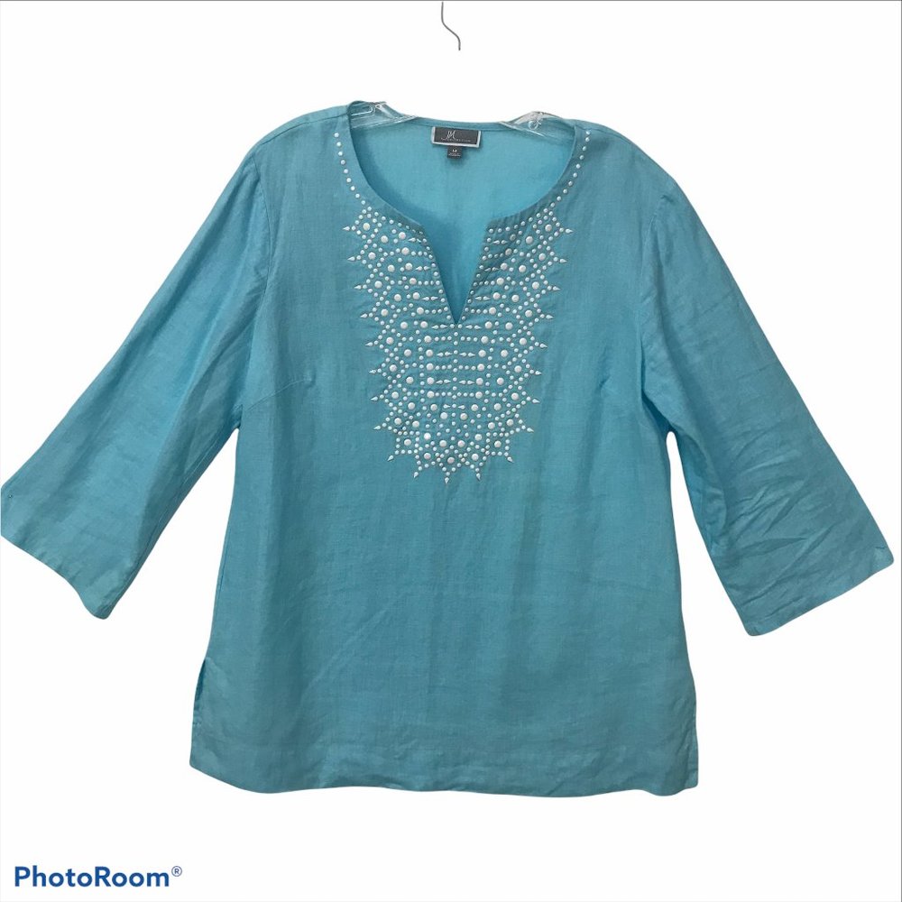 JM COLLECTION Women M Blue 100% Linen Tunic Top White Stud Design 3/4 Sleeve